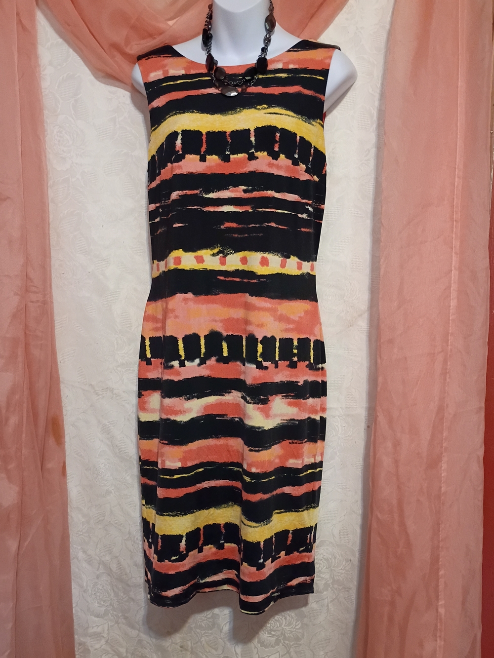 Frank Lyman Design Sleeveless Midi Dress in Black, Coral & Yellow